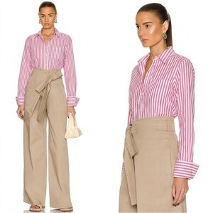 Nili Lotan Women's Red Striped Button Down Shirt XS Quiet Luxury Boyfriend Prep